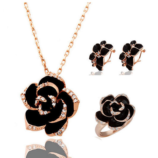 Black Rose Eight Petal Camellia Earrings Ring Necklace Three-piece Set