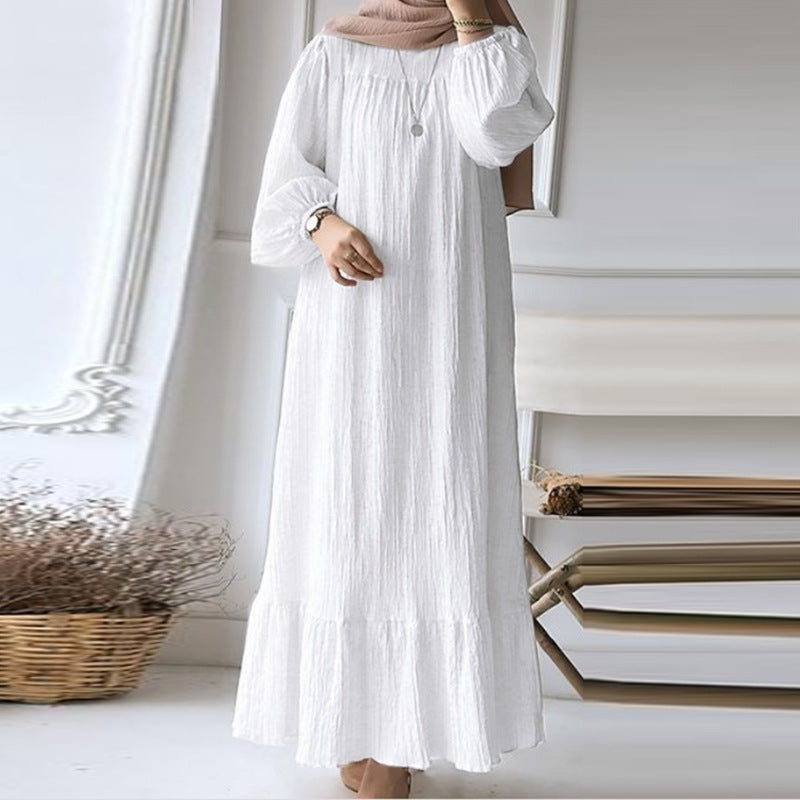 H716 Muslim Women&#039;s Robe Spring And Autumn New Fashion Long-sleeved Retro Long Skirt Solid Color Ruffle Hem Dress