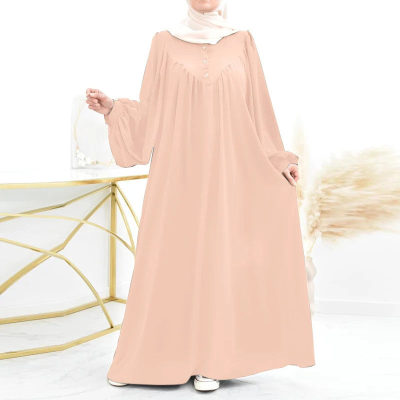 Cross-border New Muslim Women&#039;s Robe Spring And Autumn Fashion Casual Puff Sleeve Simple Solid Color Dress Long Dress