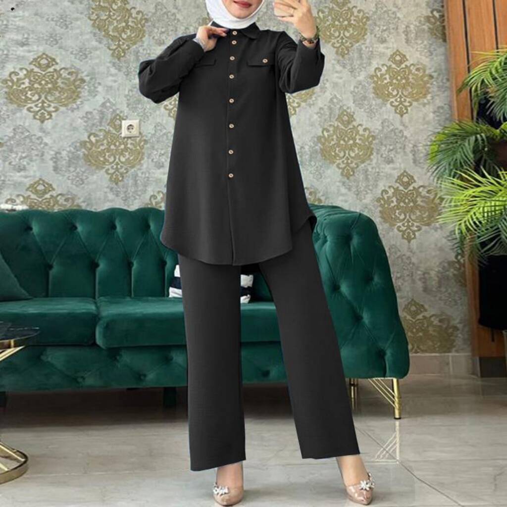 2024 New Cross-border Middle East Muslim Solid Color Long Sleeve Wooden Buckle Bag Cover Shirt Trousers Two-piece In Stock Factory Batch