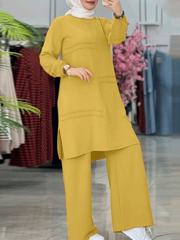 H712 Muslim Two-piece Women&#039;s Clothing Sportswear Elegant Solid Color Long-sleeved Shirt Wide-leg Pants Set