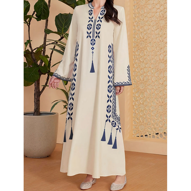 Middle East Cross-border Muslim Women&#039;s Printed V-neck Robe Arab Ethnic Style Printed Dress Foreign Trade Style