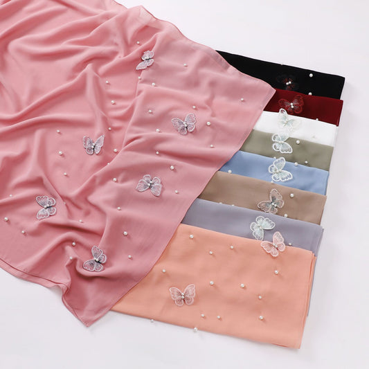 Cross-border Live Broadcast Can Send Pearl Chiffon Three-dimensional Butterfly Flower Nail Bead Scarf Hui Scarf Middle East Saudi Scarf