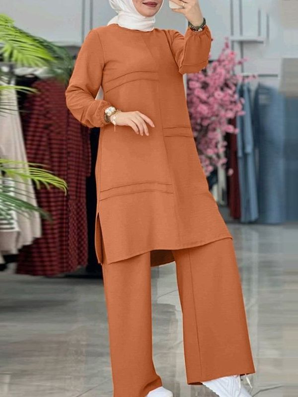 H712 Muslim Two-piece Women&#039;s Clothing Sportswear Elegant Solid Color Long-sleeved Shirt Wide-leg Pants Set