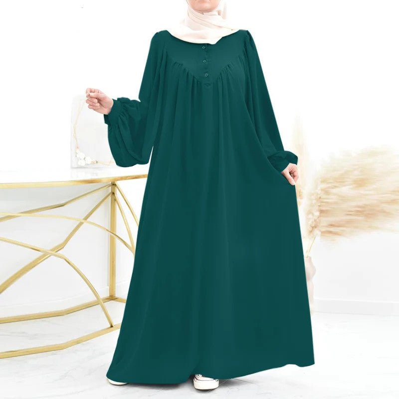 Cross-border New Muslim Women&#039;s Robe Spring And Autumn Fashion Casual Puff Sleeve Simple Solid Color Dress Long Dress