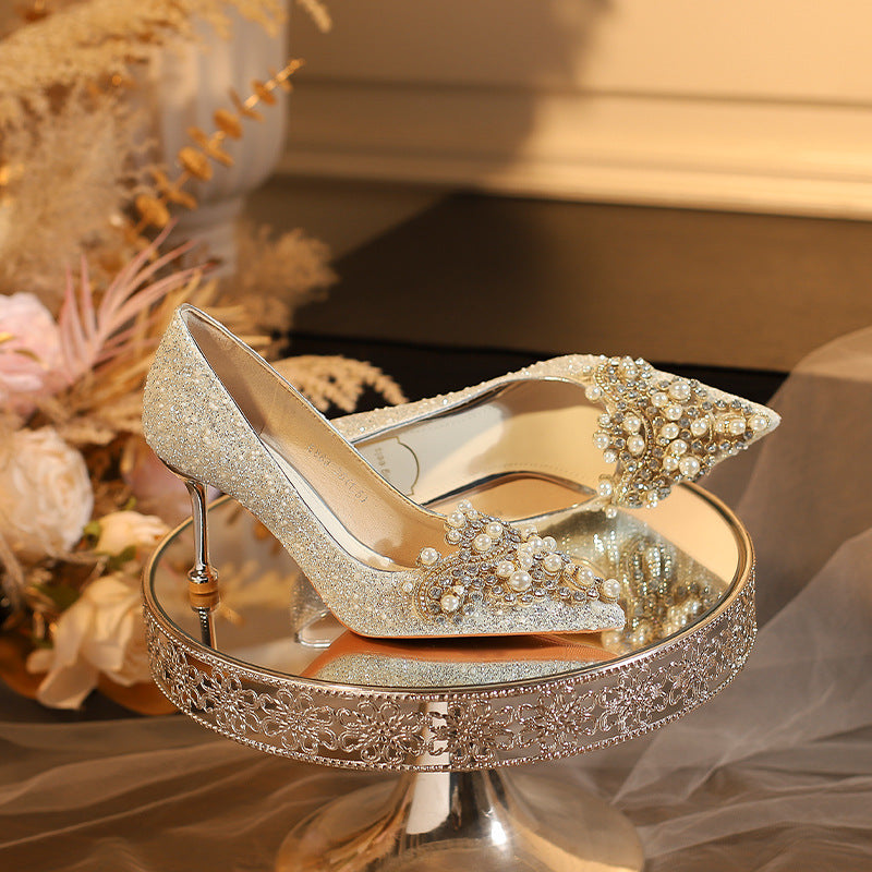 E888-12 Beautiful High Heels New Sequined Wedding Shoes Xiuhe Two Wear Bridal Shoes Fashion Wedding Bridesmaid Shoes