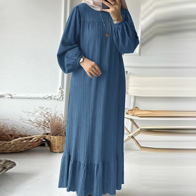 H716 Muslim Women&#039;s Robe Spring And Autumn New Fashion Long-sleeved Retro Long Skirt Solid Color Ruffle Hem Dress