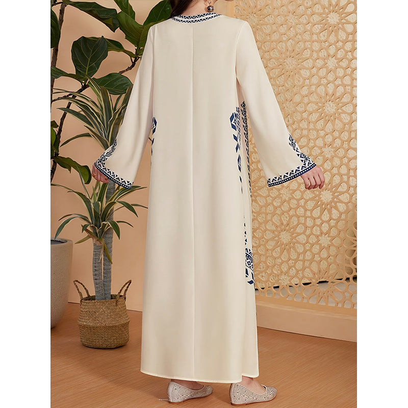 Middle East Cross-border Muslim Women&#039;s Printed V-neck Robe Arab Ethnic Style Printed Dress Foreign Trade Style