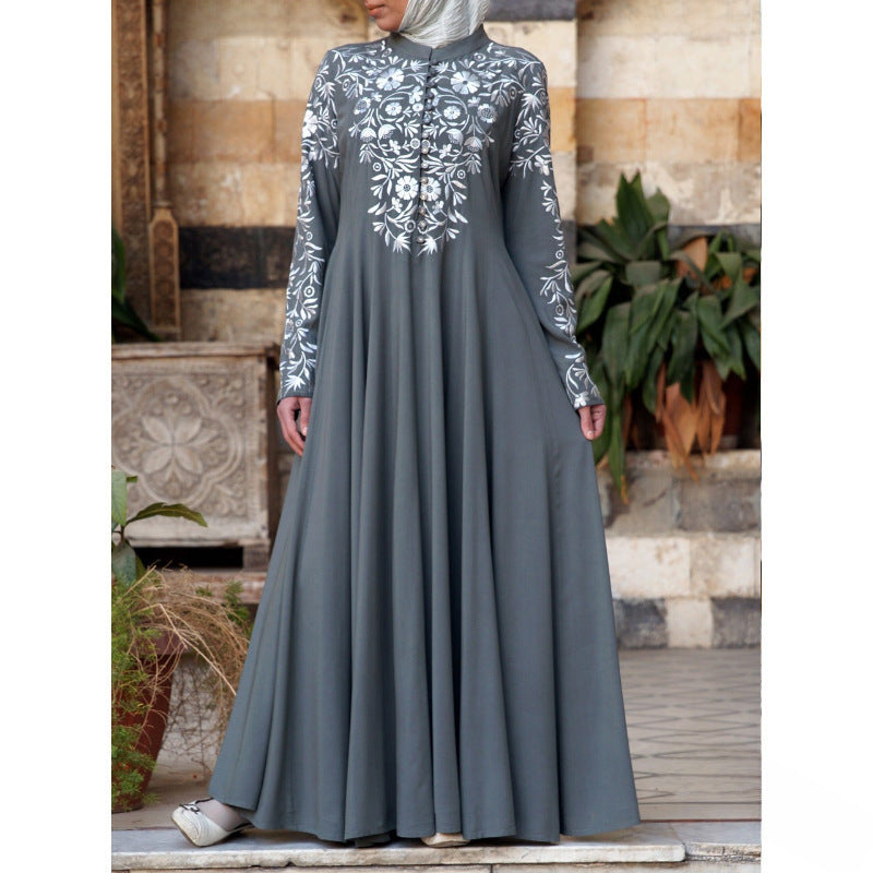 2023 New Cross-border Supply Wish Muslim Women&#039;s Long Sleeve Collar Printed Large Swing Skirt Ethnic Style PP1491