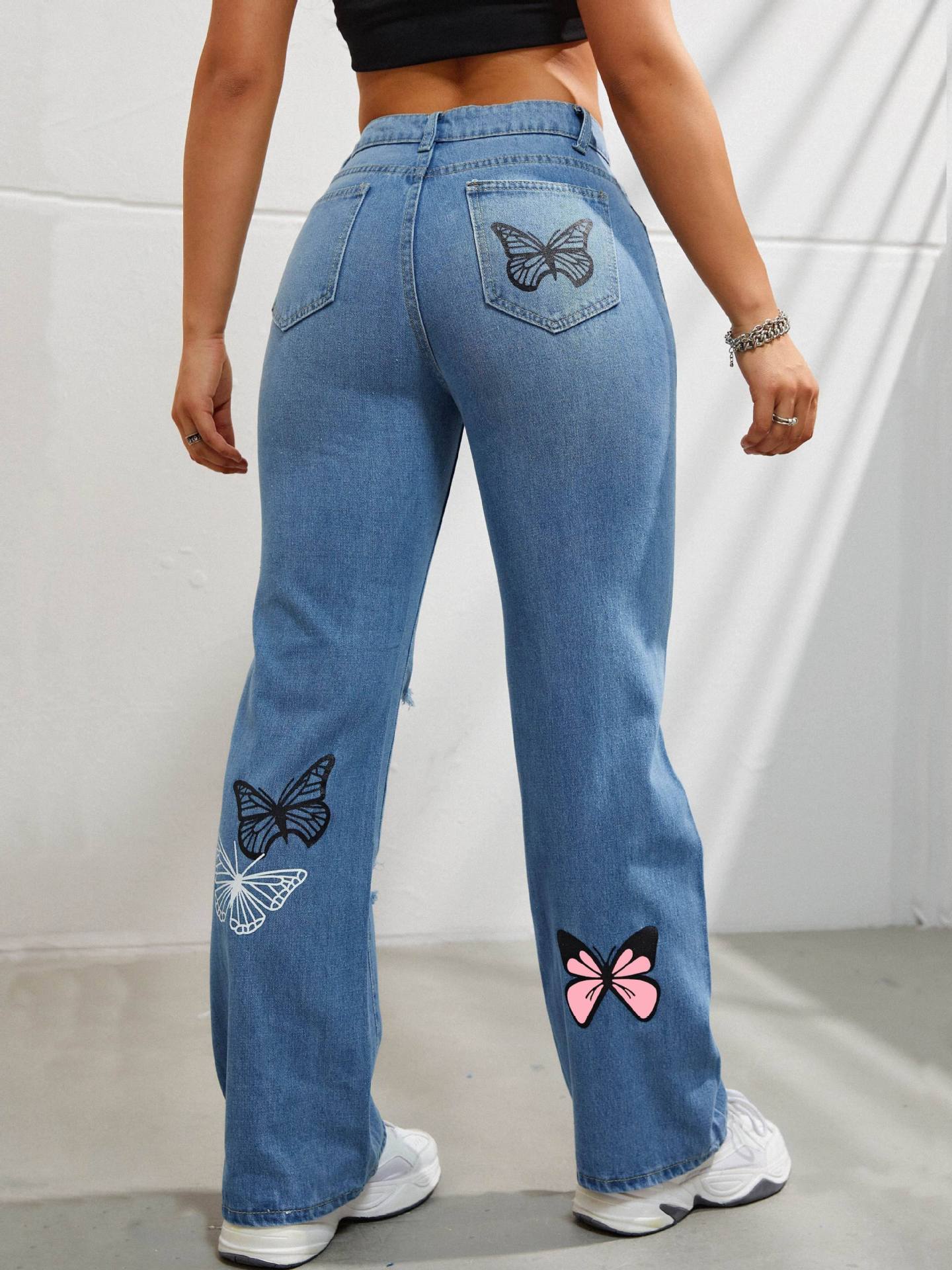 Butterfly Print Ripped Cut-out Fashion Denim Straight High Waist Contrast Color Denim Trousers For Women