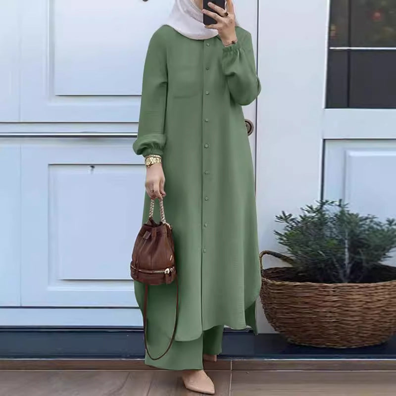 Muslim Women&#039;s Cross-border Middle East Arabian Style Two-piece Spring And Autumn New Long Sleeve Shirt Trousers Suit