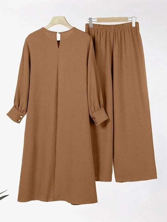 H718 Muslim Women&#039;s Two-Piece Suit Fashionable Elegant Solid Color Irregular Long Shirt Top Wide Leg Pants Robe