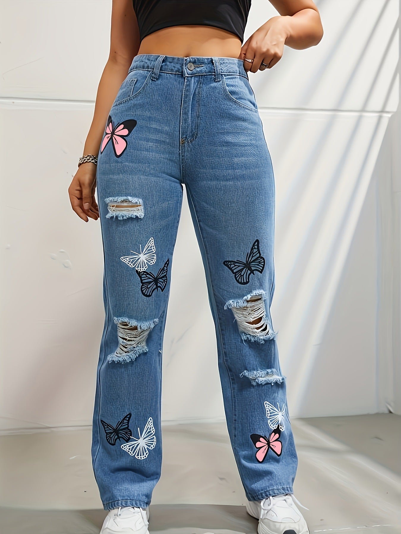 Butterfly Print Ripped Cut-out Fashion Denim Straight High Waist Contrast Color Denim Trousers For Women