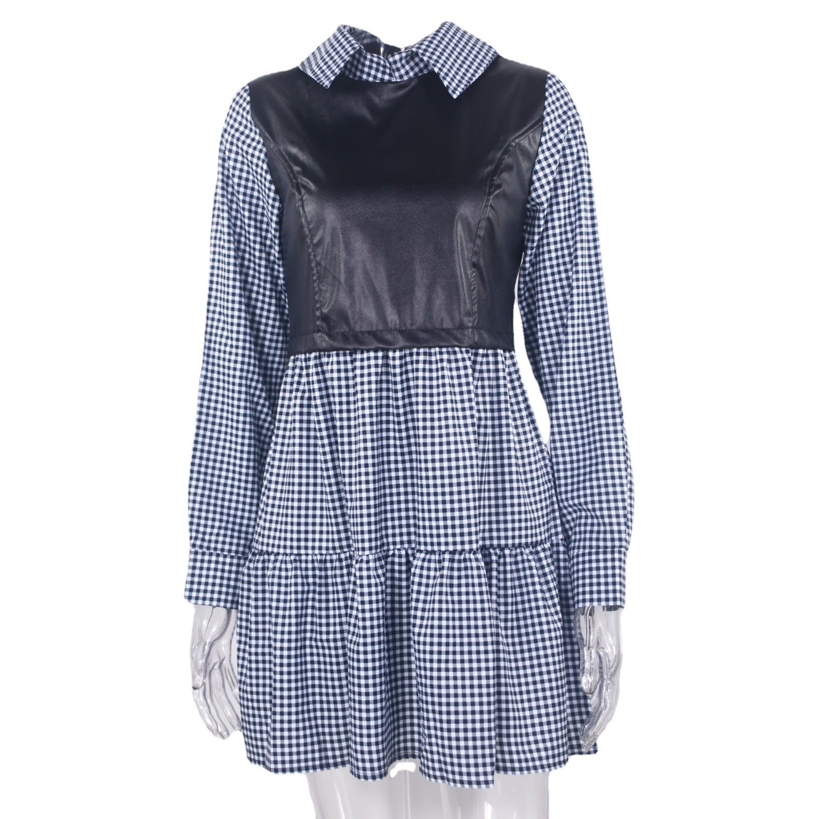 2022 Cross-border New Autumn Amazon Shirt Collar Stitching Contrast Color Printed Plaid Leather Female Dress