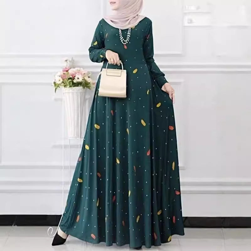 Muslim Women Fashion Casual Dress Leaves Polka Dot Print Spring And Summer Long Sleeve Bohemian Large Pendulum