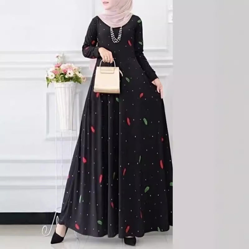 Muslim Women Fashion Casual Dress Leaves Polka Dot Print Spring And Summer Long Sleeve Bohemian Large Pendulum