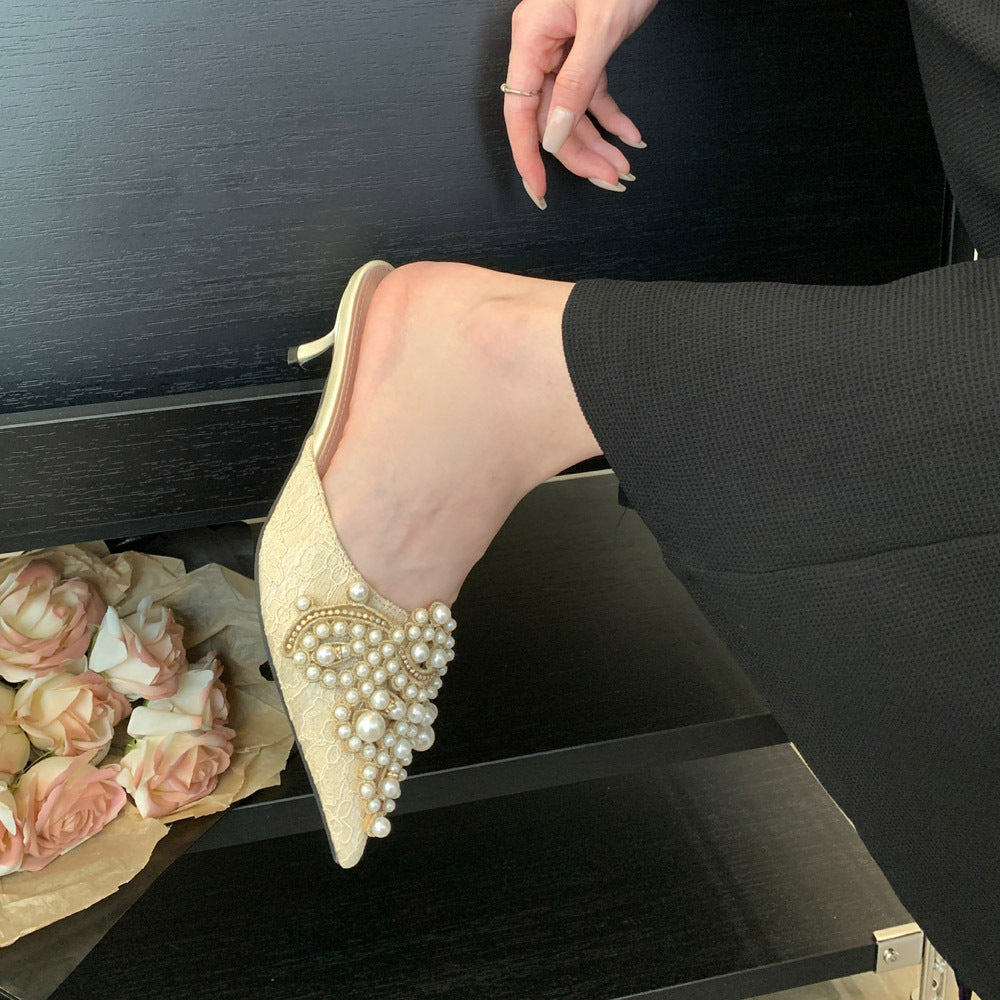 Fitting Room Small Heel Slippers Factory Straight Pearl Rhinestone Stiletto Heel Bridesmaid Shoes High Heel Pointed Half Heels