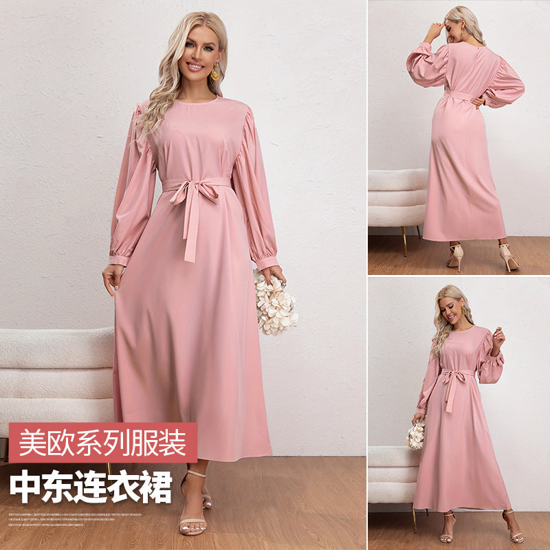 A Large Number Of In Stock New Cross-border Elegant Simple Lace-up Muslim Dress Long Sleeve Solid Color Sun Dress Robe