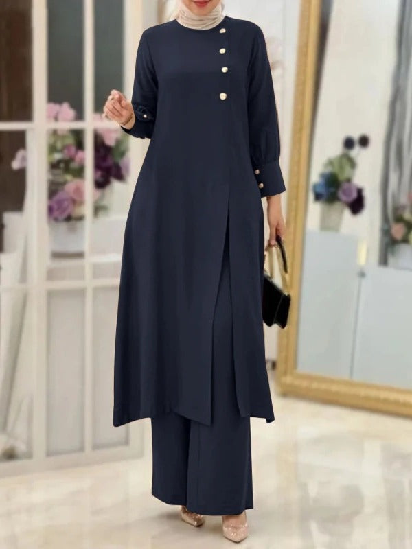 H718 Muslim Women&#039;s Two-Piece Suit Fashionable Elegant Solid Color Irregular Long Shirt Top Wide Leg Pants Robe