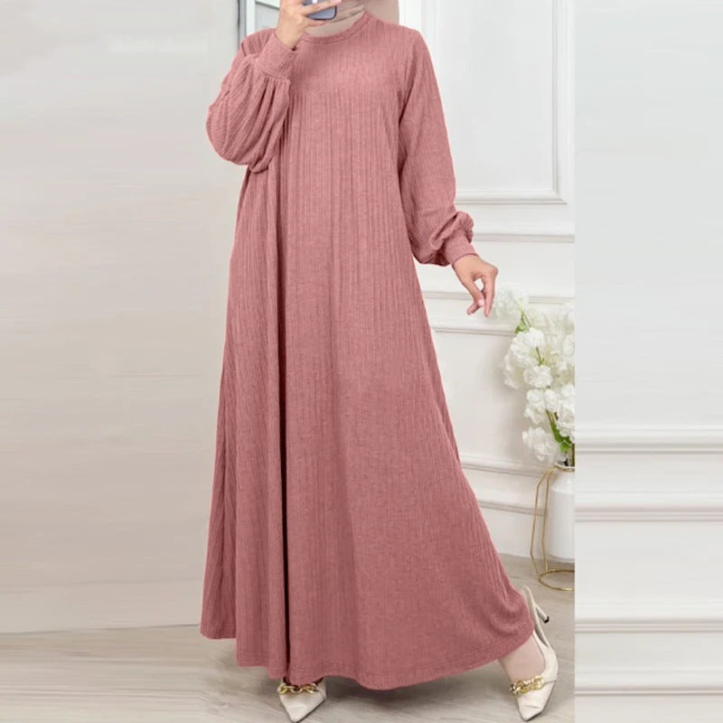 Muslim Women&#039;s New Round Neck Robe Solid Color Long Sleeve Casual Loose Dress