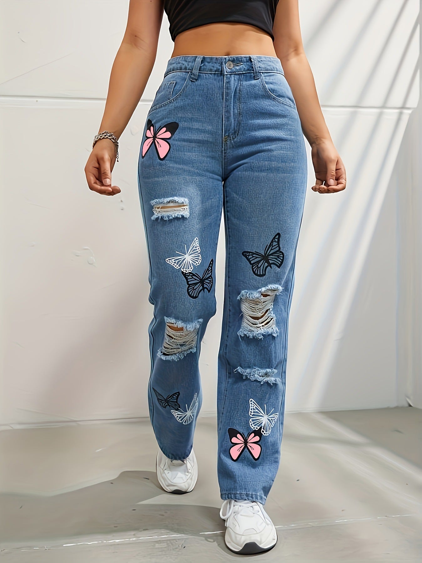 Butterfly Print Ripped Cut-out Fashion Denim Straight High Waist Contrast Color Denim Trousers For Women