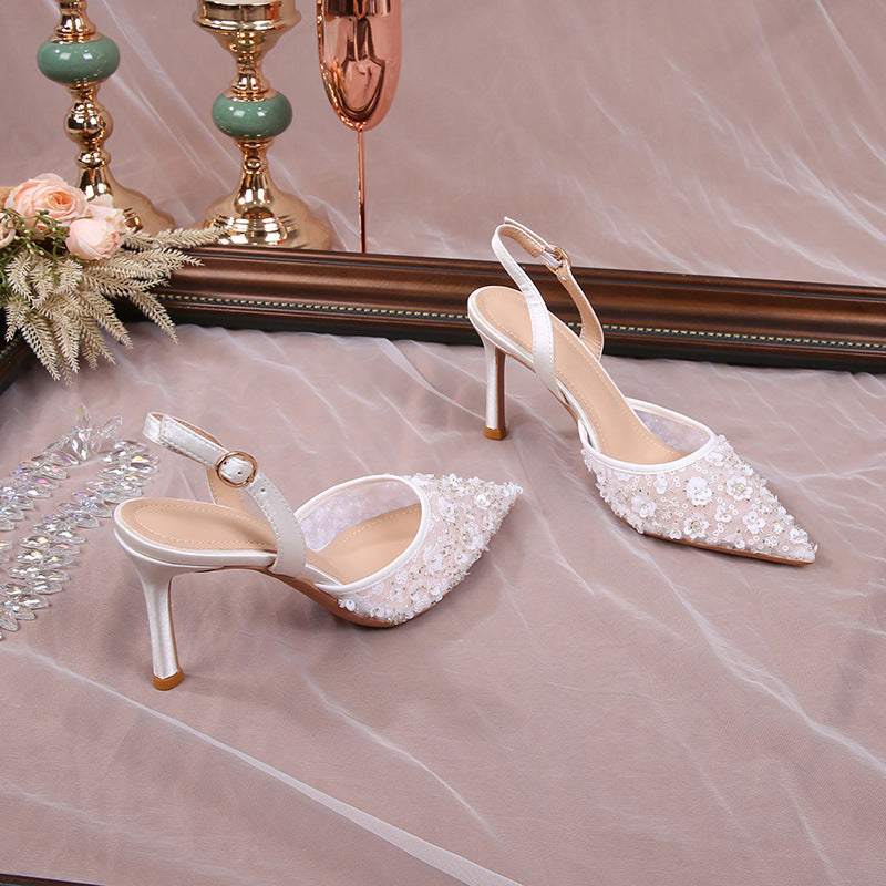 Huidong County 2023 Summer Sequined Front Bag Back Strap High Heel Sandals Women&#039;s French Lace Wedding Party High Heels