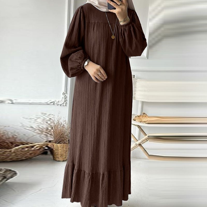 H716 Muslim Women&#039;s Robe Spring And Autumn New Fashion Long-sleeved Retro Long Skirt Solid Color Ruffle Hem Dress