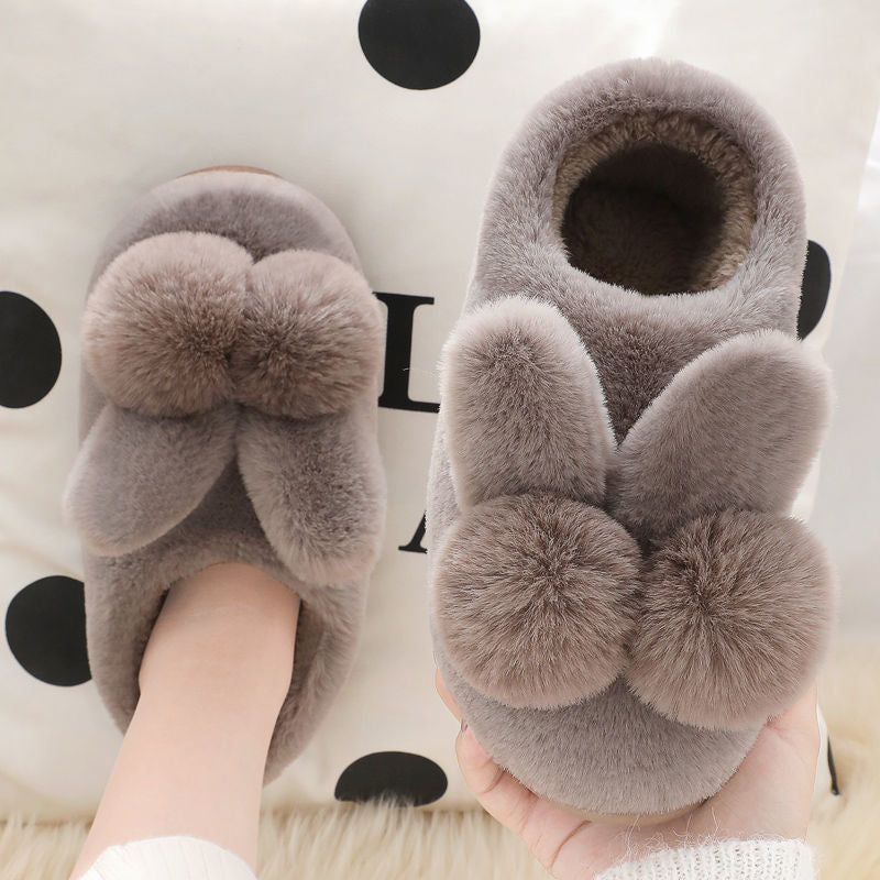 Cotton Slippers Women&#039;s Cute Double Ball Rabbit Thick Bottom Bag With Winter Plush Postpartum Warm Indoor Cotton Shoes For Home