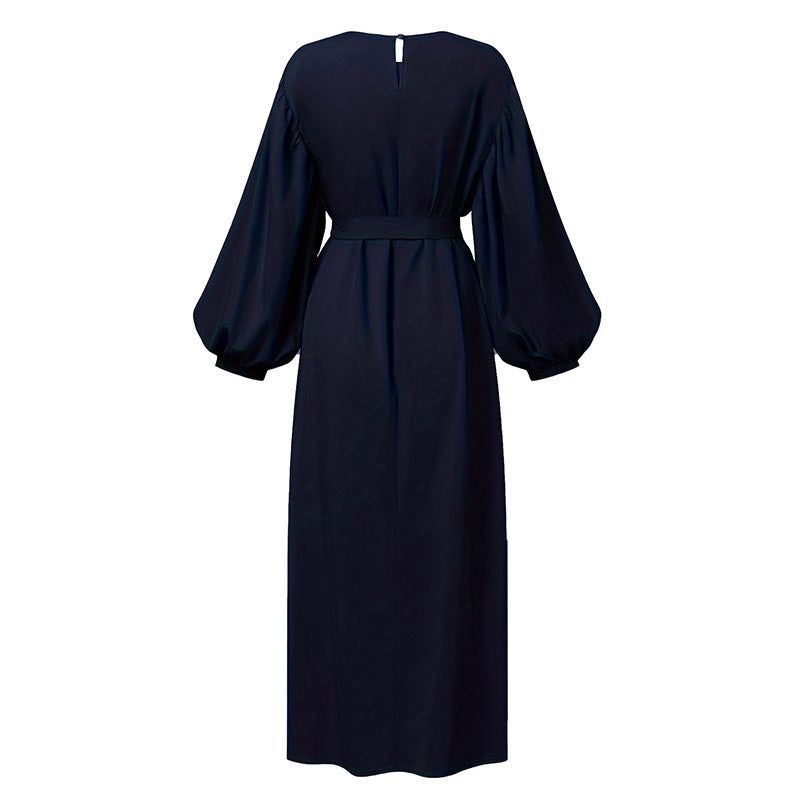 A Large Number Of In Stock New Cross-border Elegant Simple Lace-up Muslim Dress Long Sleeve Solid Color Sun Dress Robe