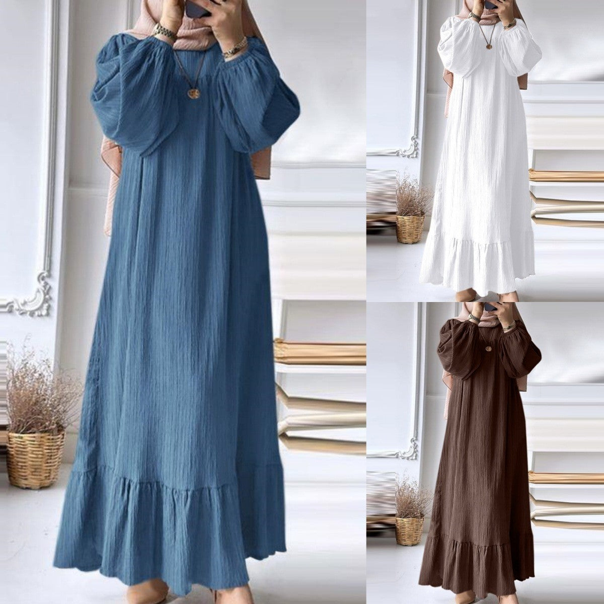 H716 Muslim Women&#039;s Robe Spring And Autumn New Fashion Long-sleeved Retro Long Skirt Solid Color Ruffle Hem Dress