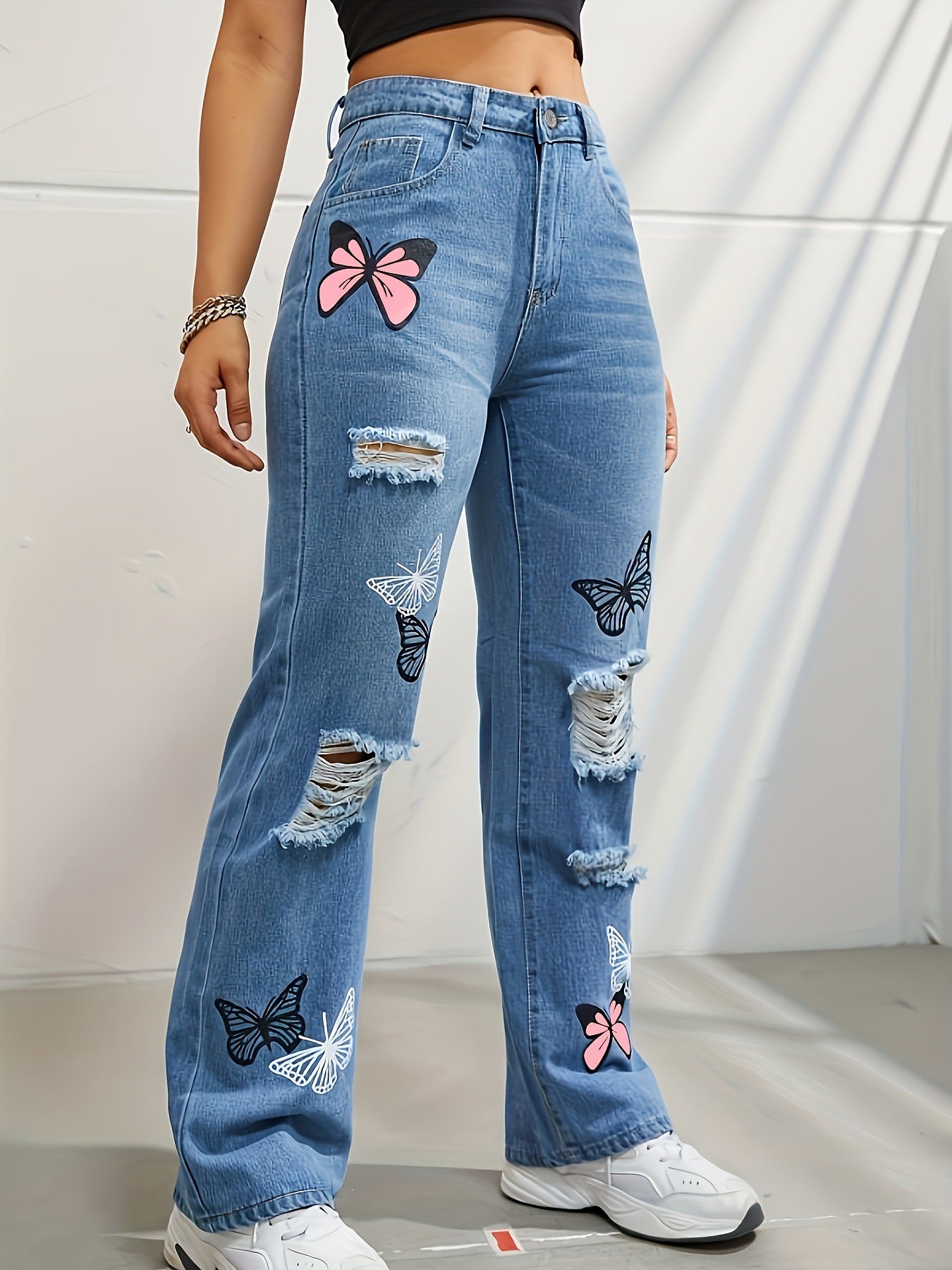 Butterfly Print Ripped Cut-out Fashion Denim Straight High Waist Contrast Color Denim Trousers For Women