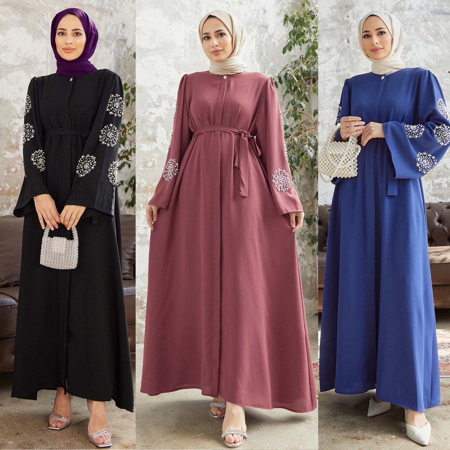 2209# Middle East Women&#039;s Muslim Robe Dress Heavy Industry Beads Hot Rhinestone Elegant Dress Abaya Long Dress