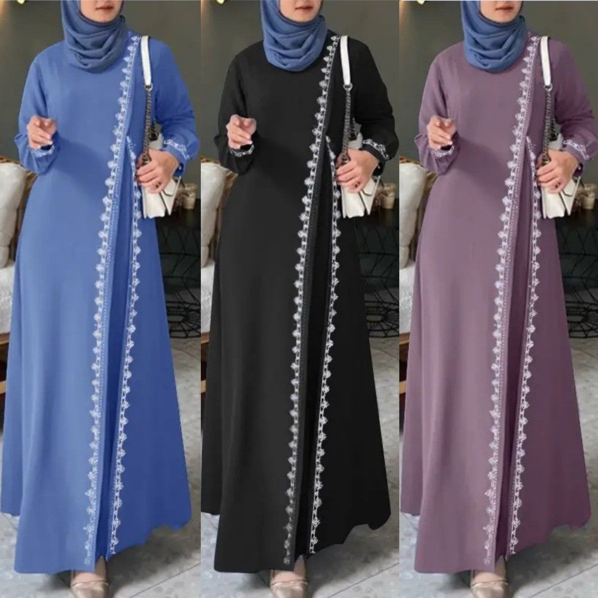 H726 # Muslim Women&#039;s Clothing Lace Robe Dress Fashion Long Sleeve Vestido Women&#039;s Spring Casual Dress