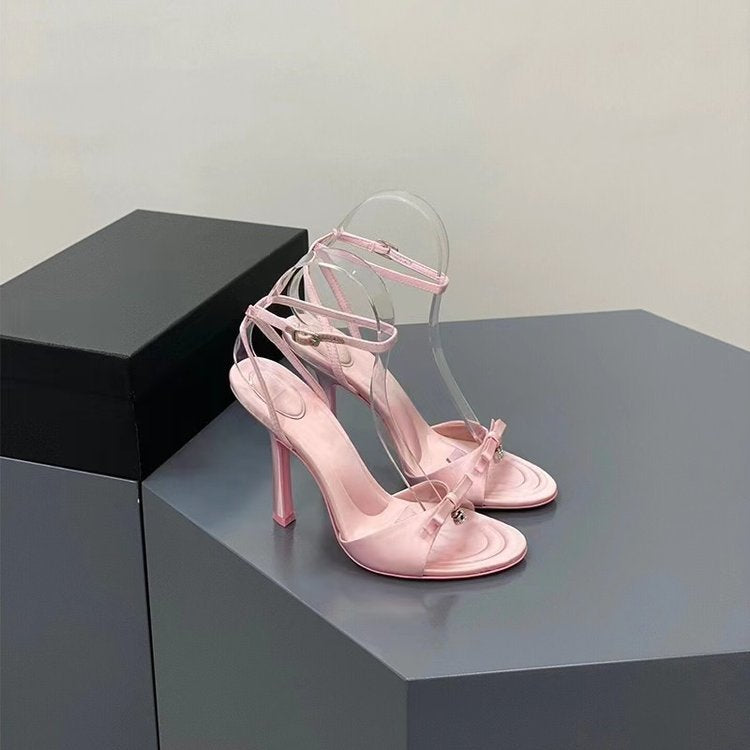 2024 Summer New Bow Satin High Heels Women&#039;s Sexy Rhinestone Stiletto Heel Open Toe Sandals Black Pink