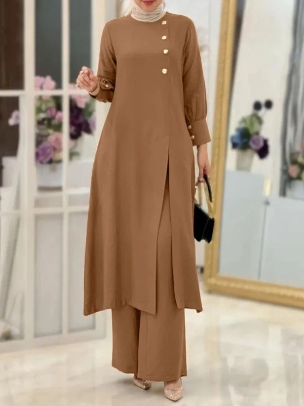 H718 Muslim Women&#039;s Two-Piece Suit Fashionable Elegant Solid Color Irregular Long Shirt Top Wide Leg Pants Robe