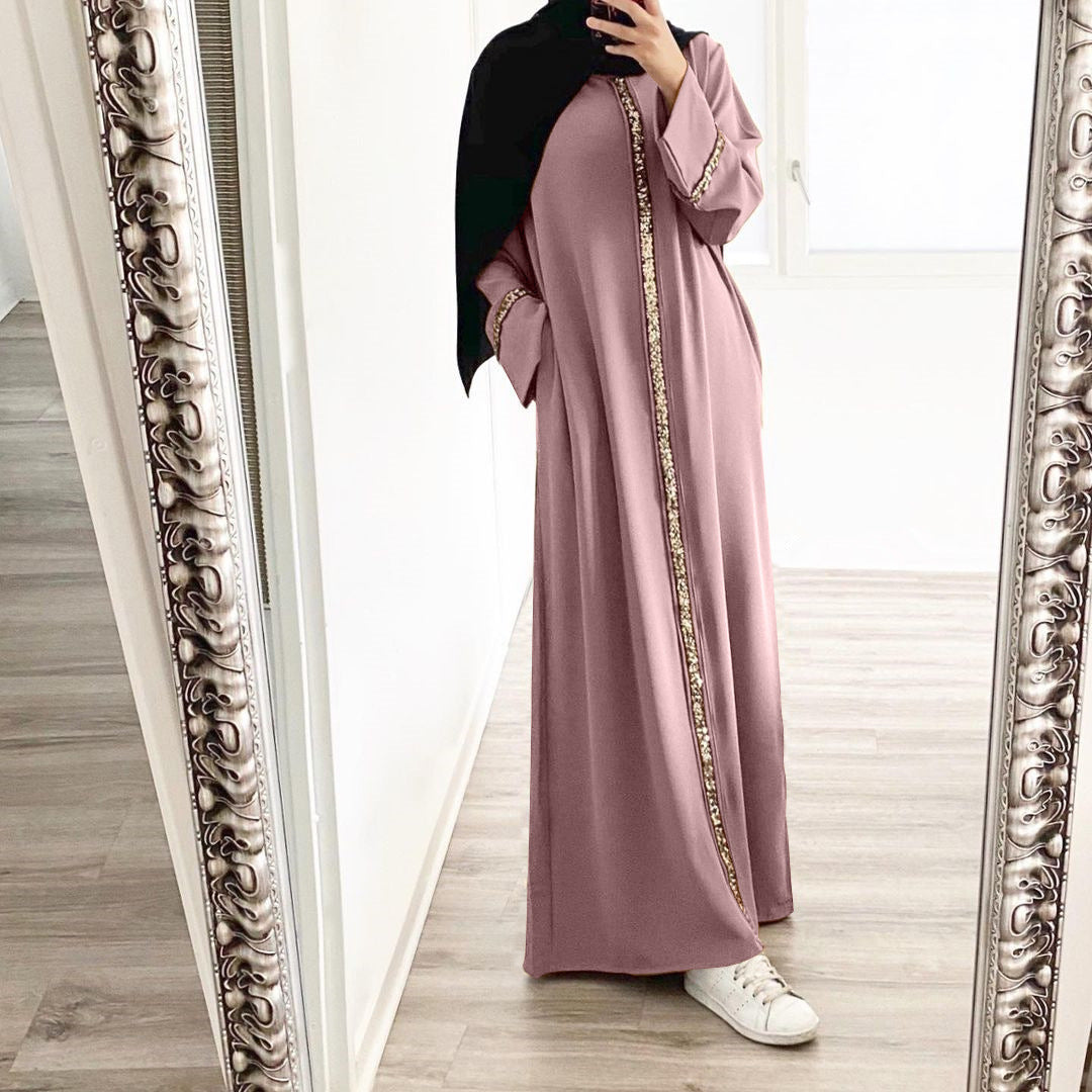 New Southeast Asia Cross-border Muslim Women's Robe Stitching Trim Sequin Dress Solid Color Chiffon Robe