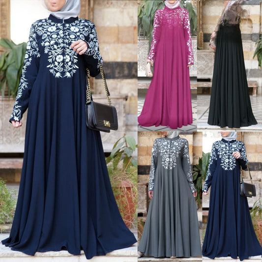 2023 New Cross-border Supply Wish Muslim Women&#039;s Long Sleeve Collar Printed Large Swing Skirt Ethnic Style PP1491