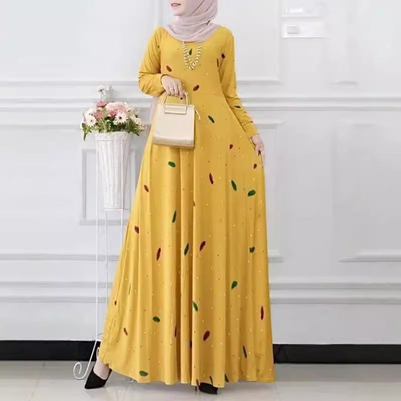 Muslim Women Fashion Casual Dress Leaves Polka Dot Print Spring And Summer Long Sleeve Bohemian Large Pendulum