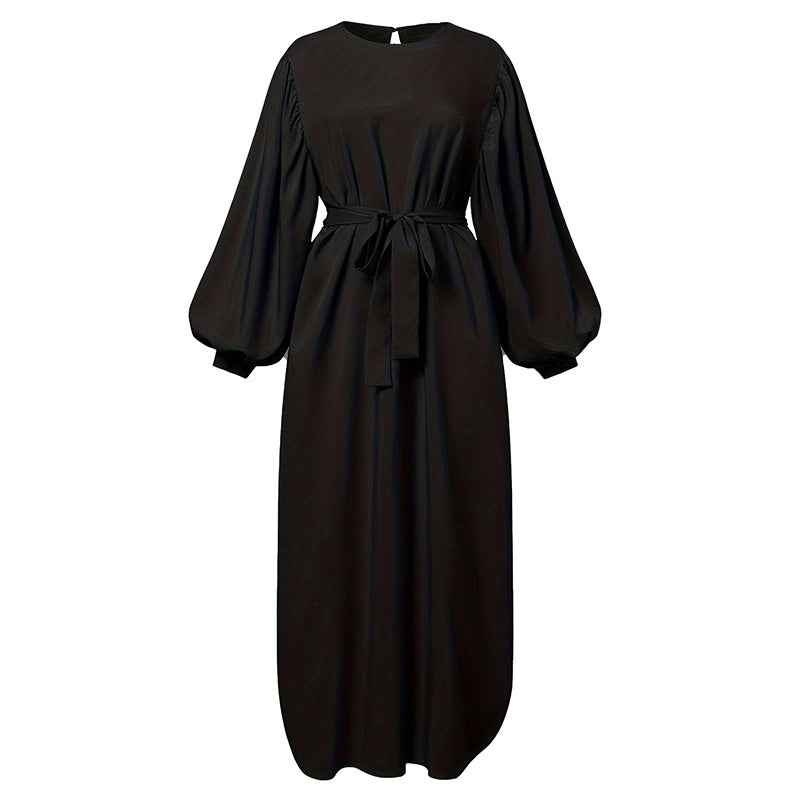 A Large Number Of In Stock New Cross-border Elegant Simple Lace-up Muslim Dress Long Sleeve Solid Color Sun Dress Robe