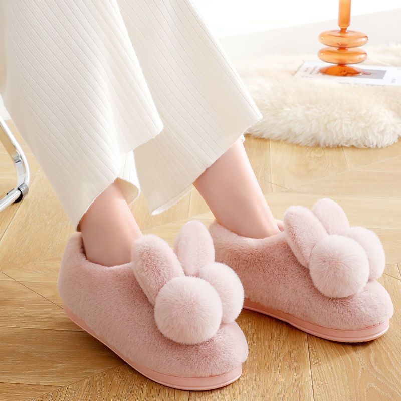 Cotton Slippers Women&#039;s Cute Double Ball Rabbit Thick Bottom Bag With Winter Plush Postpartum Warm Indoor Cotton Shoes For Home