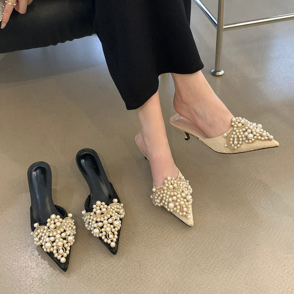 Fitting Room Small Heel Slippers Factory Straight Pearl Rhinestone Stiletto Heel Bridesmaid Shoes High Heel Pointed Half Heels