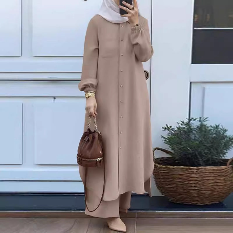 Muslim Women&#039;s Cross-border Middle East Arabian Style Two-piece Spring And Autumn New Long Sleeve Shirt Trousers Suit