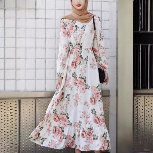 2023 Foreign Trade Amazon AliExpress Best Selling European And American Women&#039;s Dress Muslim Waist Slimming Floral A- Line Skirt