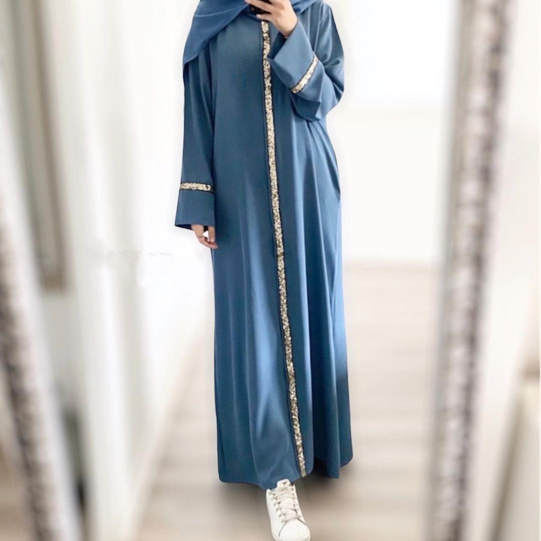 New Southeast Asia Cross-border Muslim Women's Robe Stitching Trim Sequin Dress Solid Color Chiffon Robe