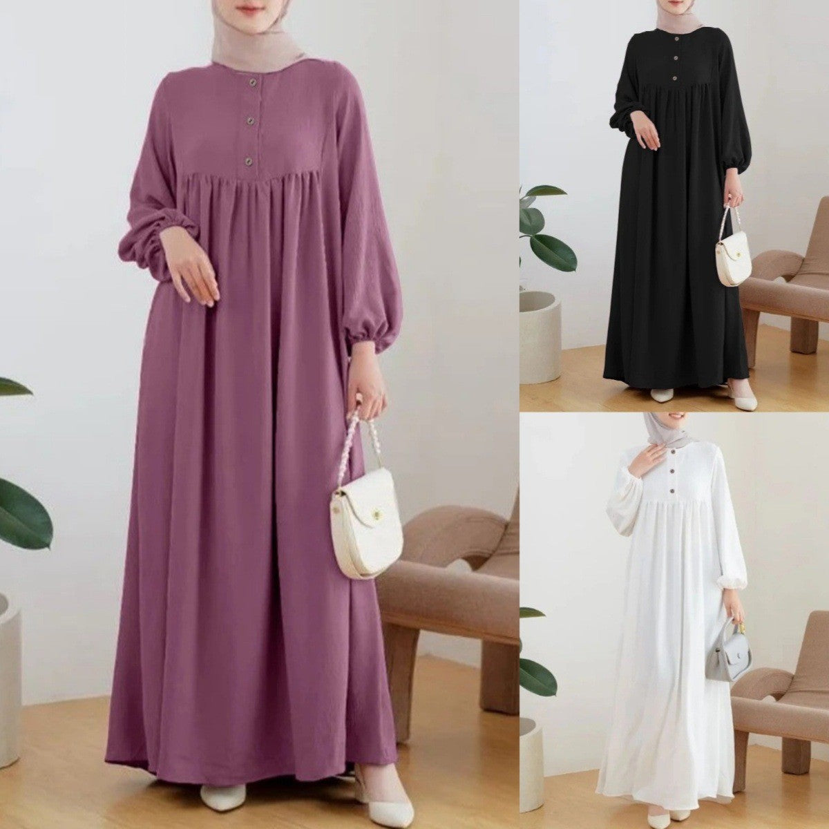 H723 Muslim Women&#039;s Abaya Dress Spring Autumn Fashion Casual Lantern Sleeve Casual Solid Color Dress Long Dress