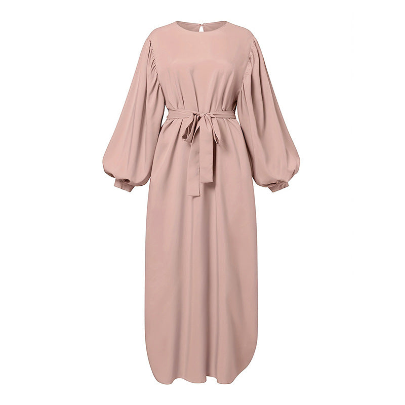 A Large Number Of In Stock New Cross-border Elegant Simple Lace-up Muslim Dress Long Sleeve Solid Color Sun Dress Robe