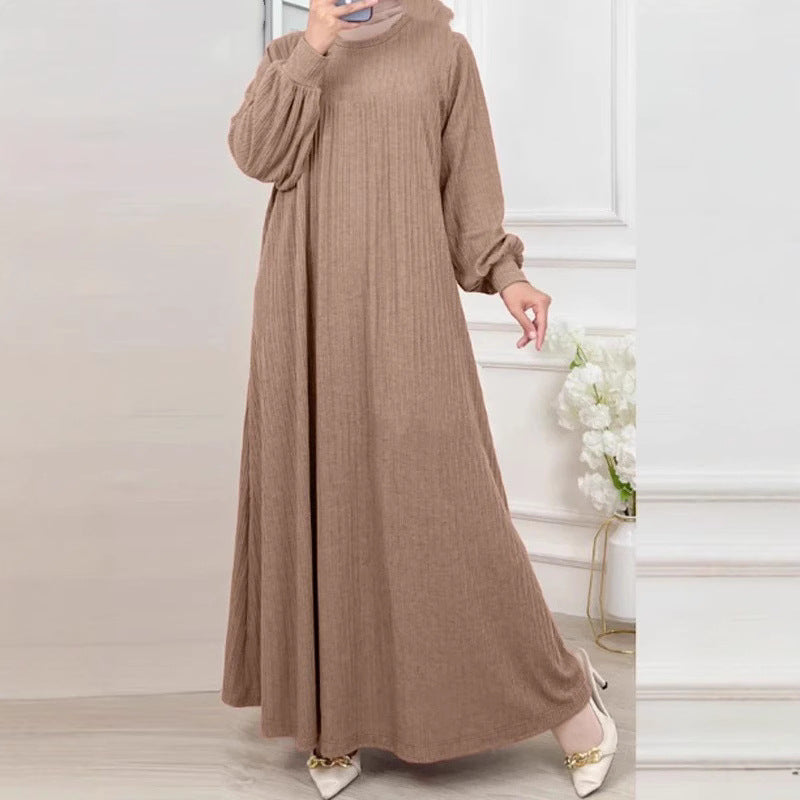 Muslim Women&#039;s New Round Neck Robe Solid Color Long Sleeve Casual Loose Dress