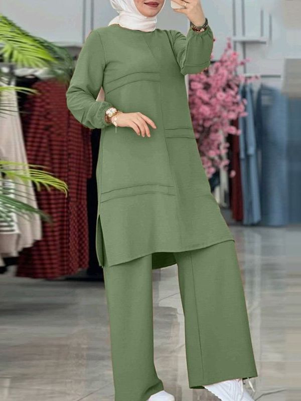 H712 Muslim Two-piece Women&#039;s Clothing Sportswear Elegant Solid Color Long-sleeved Shirt Wide-leg Pants Set