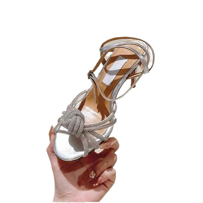 2024 Women&#039;s High Heeled Sandals Rhinestone Bow High Heeled Fine Heeled Round-toe Wrist Strap Women&#039;s Shoes