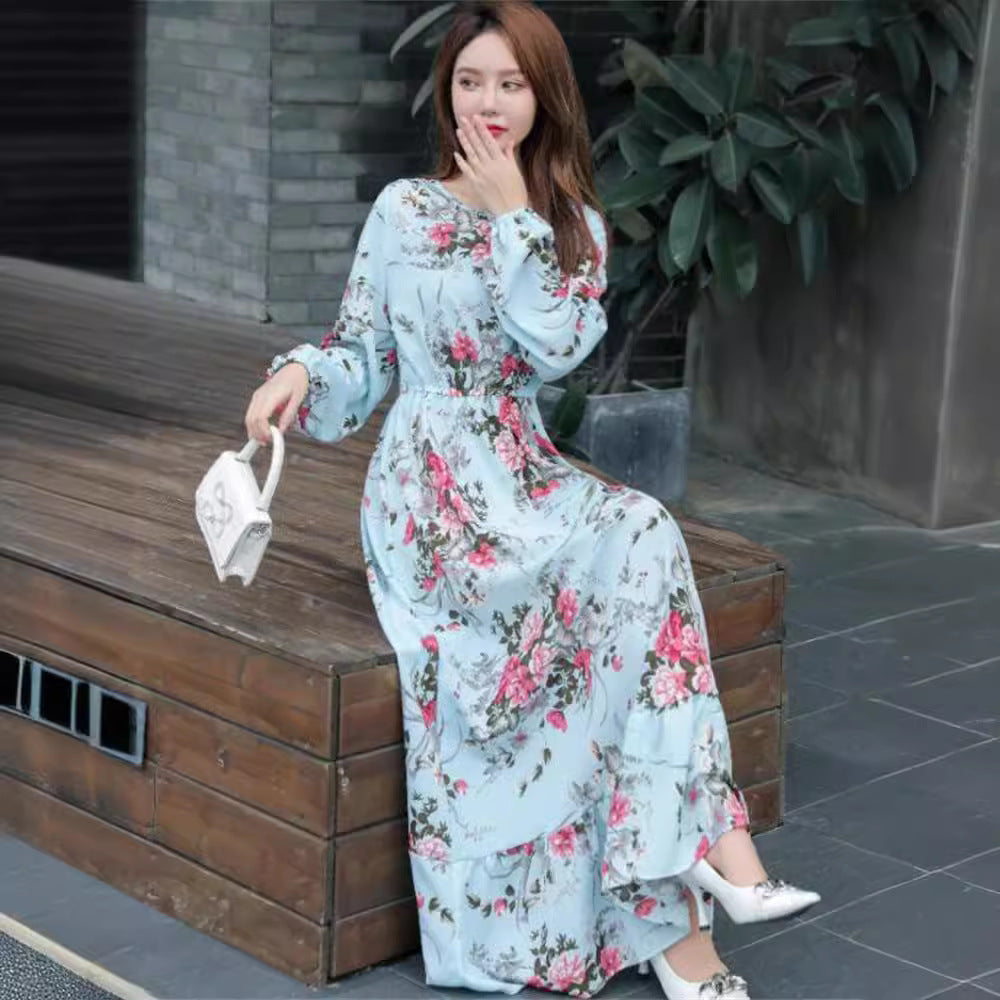 2023 Foreign Trade Amazon AliExpress Best Selling European And American Women&#039;s Dress Muslim Waist Slimming Floral A- Line Skirt